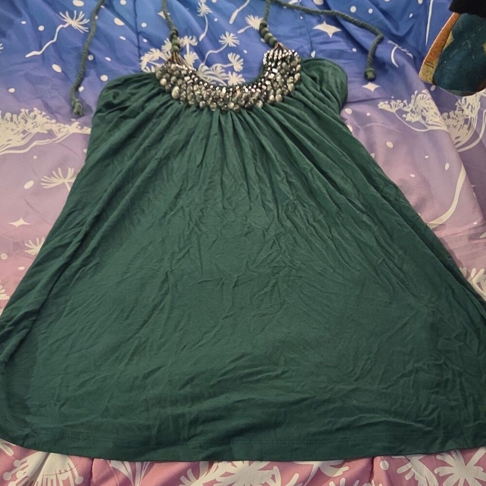 Total Fashion SRL Green Beaded Tie Neck Sleeveless Short Sundress Viscose